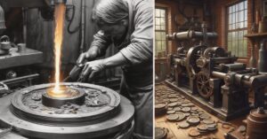Two photos depicting a man diligently working on a machine.
