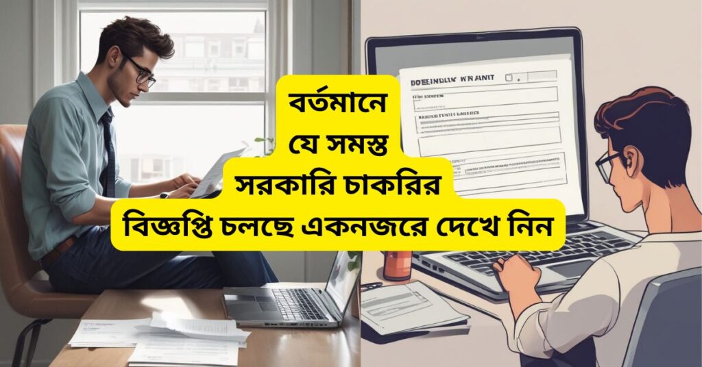 Two men are shown working on their laptops in different settings. A highlighted text in Bengali overlays the image, informing about the ongoing government job openings.