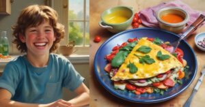 A young boy happily eats an omelet on a plate, smiling with delight-ai generate
