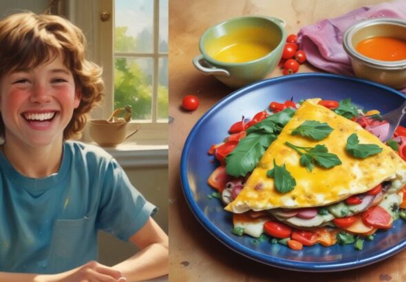 A young boy happily eats an omelet on a plate, smiling with delight-ai generate