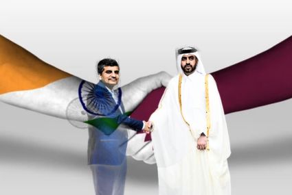 India-Qatar flag background and two man Infront of this