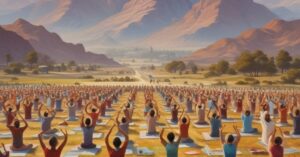 many people doing yoga in open field background mountain