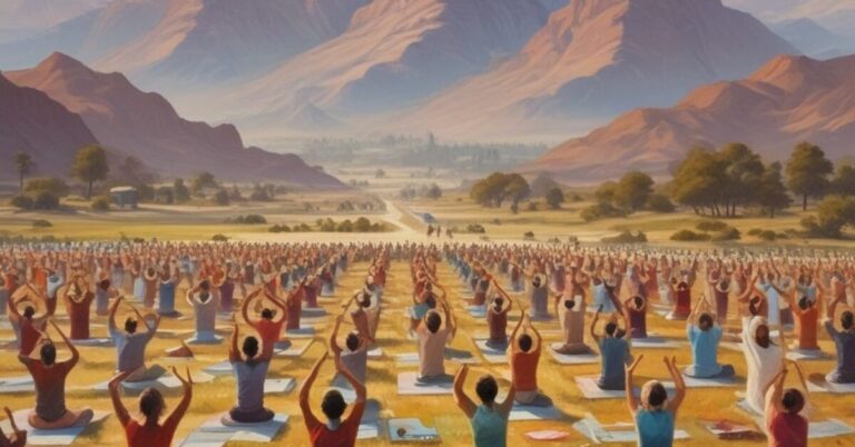 many people doing yoga in open field background mountain