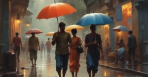 To depict the human element and the relief brought by the rain, include people holding umbrellas or enjoying the rain.-AI generated-khobortobor