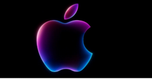 Apple's new logo in striking neon blue and purple colors.