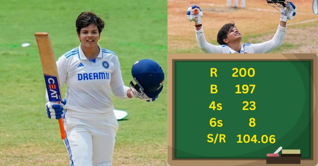 A woman in white uniform, Indian cricketer Shafali Verma, holds a bat and a sign that says "200".