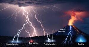 Diagram showing types of lightning: cloud-to-ground, cloud-to-cloud, and intra-cloud. Lightning bolts depicted in different colors.