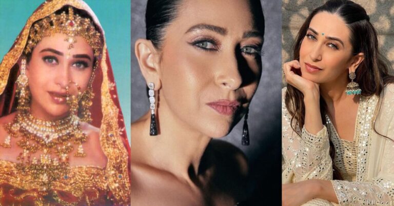 Karisma Kapoor showcasing various jewelry pieces in three different photos.