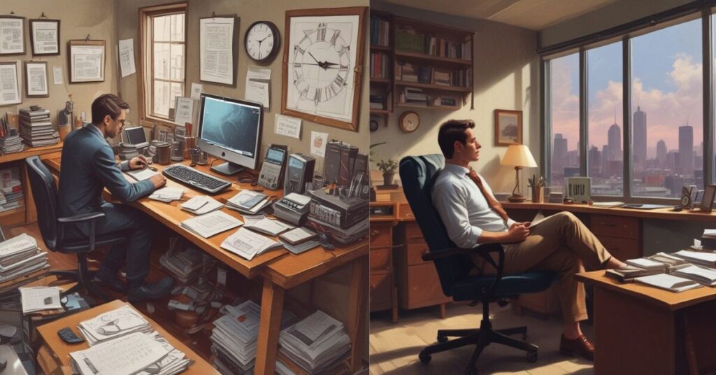 Two images showing a man diligently working at his desk with a computer and office supplies.