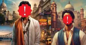Bengali actor torn between Kolkata's traditional culture and the allure of Bollywood. Use symbols like Kolkata's landmarks and Bollywood posters to illustrate this contrast. Show the actor's expression reflecting their journey between their roots and fame in Hindi TV.