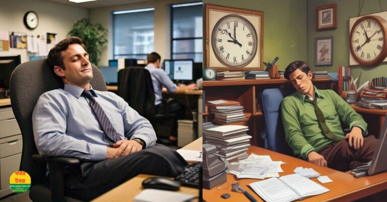 a person taking a short nap at their desk after lunch. The setting should be a cozy, relaxed office environment with a few other employees also resting. Include a clock showing early afternoon to emphasize the timing. Use soft lighting to create a soothing atmosphere, and depict the person with a peaceful, content expression. The background can have typical office elements like desks, computers, and a window showing daylight to capture the essence of a midday break.