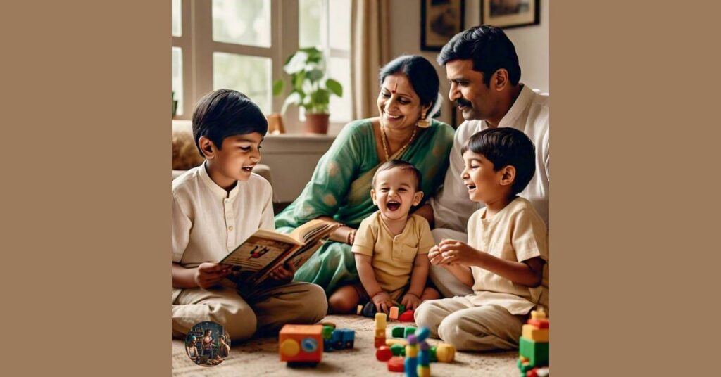 A family with three children of different ages sitting together in a living room. The oldest child is reading a book, the middle child is playing with toys, and the youngest is laughing and being playful. The parents are watching them with smiles, representing the influence of birth order on personality development.