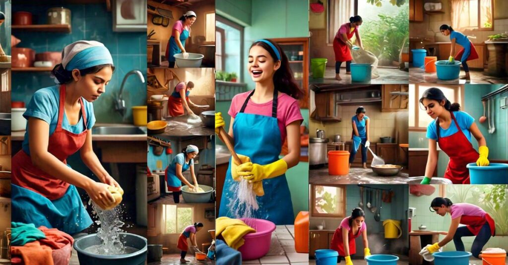 an image depicting various household chores being performed energetically to illustrate how they can help in burning calories and improving fitness. Show activities like washing clothes by hand, kneading dough, sweeping the floor, washing dishes, dusting, and mopping the floor. The scene should be vibrant and dynamic, emphasizing physical effort and movement in a home setting. Include elements like a traditional home interior, cleaning tools, and a garden area to showcase the variety of tasks