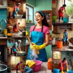 an image depicting various household chores being performed energetically to illustrate how they can help in burning calories and improving fitness. Show activities like washing clothes by hand, kneading dough, sweeping the floor, washing dishes, dusting, and mopping the floor. The scene should be vibrant and dynamic, emphasizing physical effort and movement in a home setting. Include elements like a traditional home interior, cleaning tools, and a garden area to showcase the variety of tasks