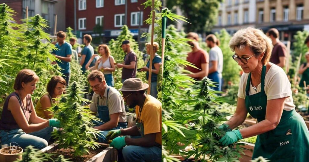 People cultivating cannabis plants in a garden.