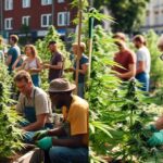 People cultivating cannabis plants in a garden.