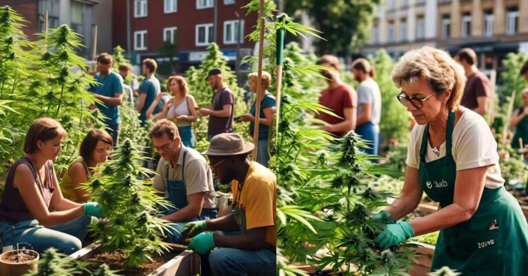 People cultivating cannabis plants in a garden.