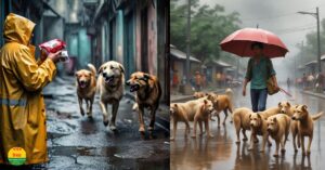 a rainy street scene with a person holding a food packet high to avoid a group of stray dogs.