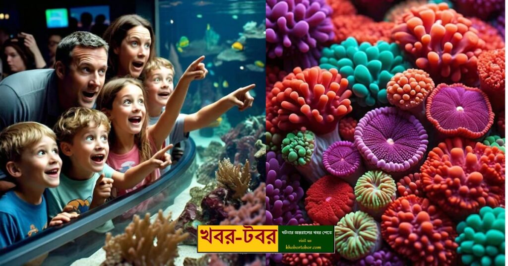 A family enjoying the view of colorful corals in an aquarium.