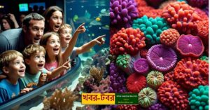 A family enjoying the view of colorful corals in an aquarium.