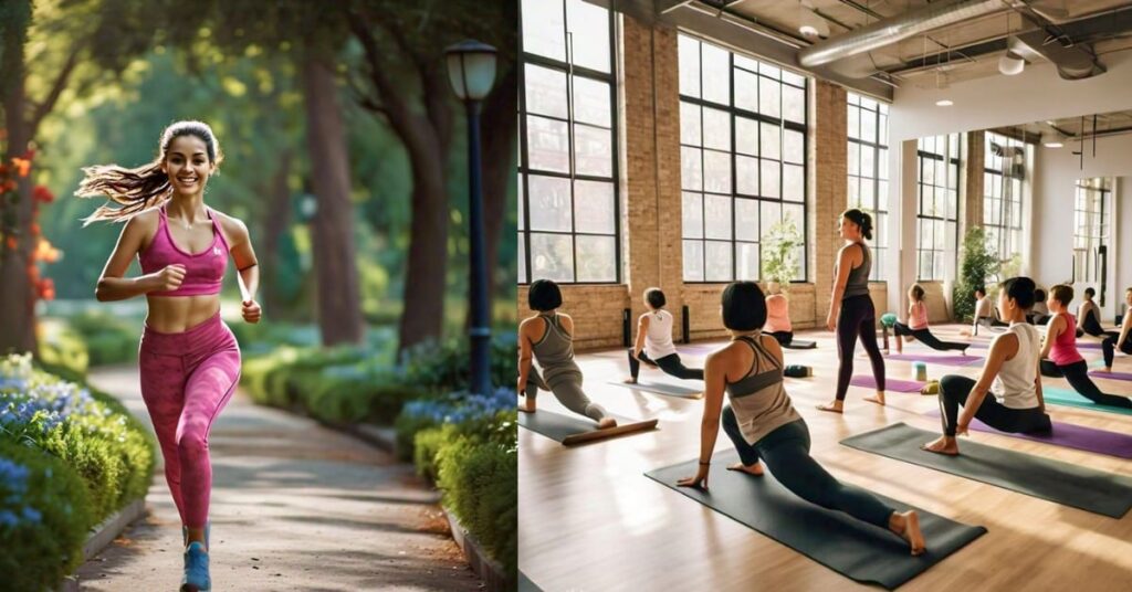 Women engaging in yoga exercises at a gym, demonstrating strength and flexibility.