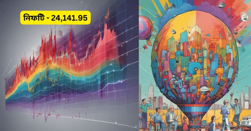 Two hot air balloons floating in the sky with a graph superimposed in the background.