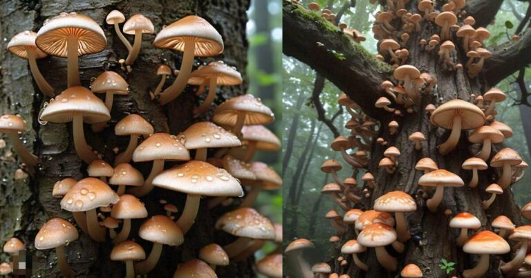 Mushrooms growing on tree trunk in forest, surrounded by green leaves and sunlight filtering through branches.