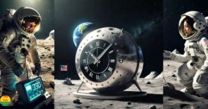 A futuristic atomic clock placed on the Moon with Earth visible in the background