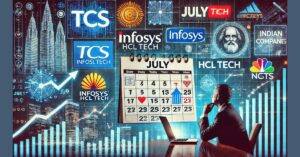 A collage of key Indian companies' logos such as TCS, Infosys, HCL Tech, with a calendar marking important dates in July. The calendar should highligh