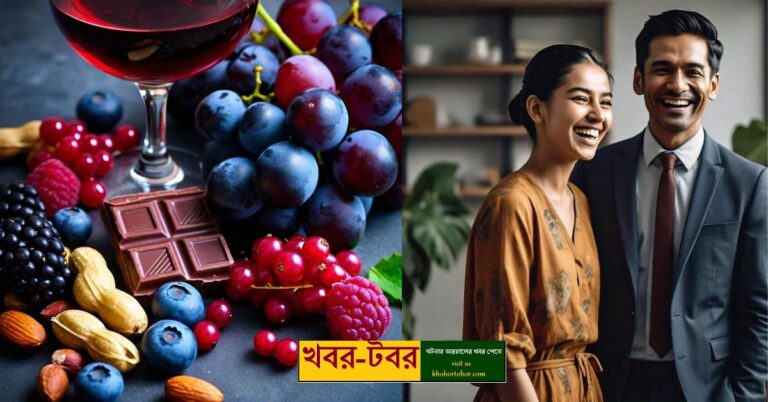 A smiling man and woman standing next to grapes and chocolate.