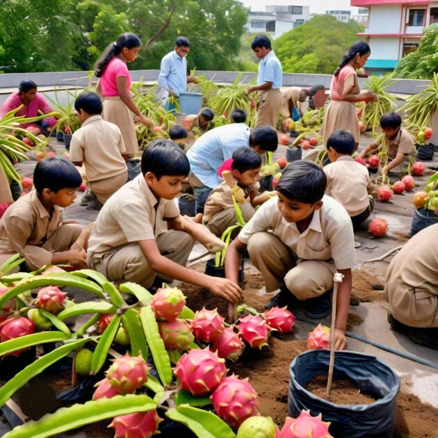 Children harvesting dragon fruit from a tree.