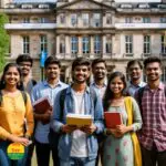 a diverse group of Indian students standing in front of iconic UK university buildings like the London Business School, University of Oxford, and University of Cambridge. They should be holding books and smiling, symbolizing success and excitement about their overseas education
