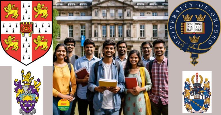 a diverse group of Indian students standing in front of iconic UK university buildings like the London Business School, University of Oxford, and University of Cambridge. They should be holding books and smiling, symbolizing success and excitement about their overseas education